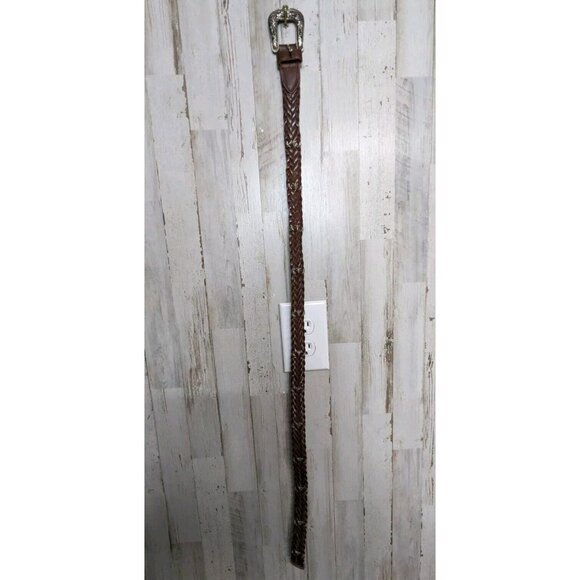 Vintage Fossil Woven Leather Belt Silver Flower Embellishments M L BOHO - Picture 2 of 5